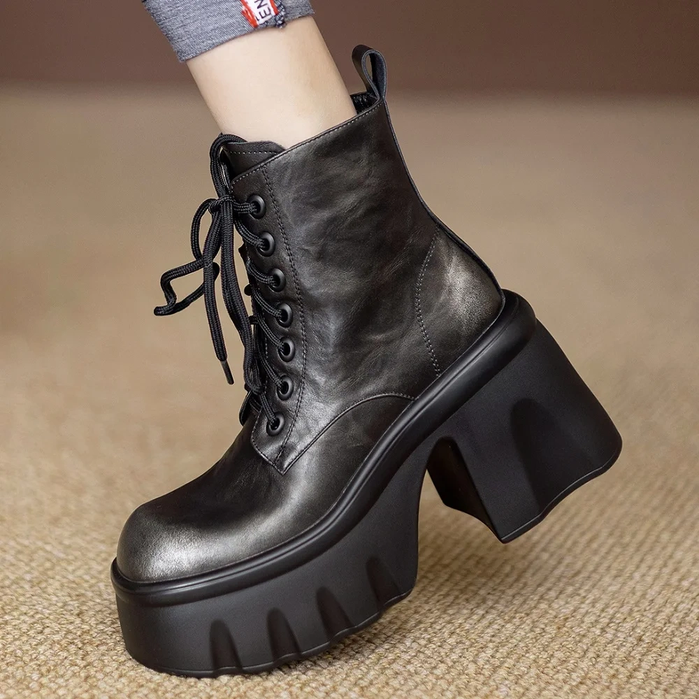 Autumn Winter Women's Genuine Leather 10 CM Block Heel Brush-Off Square Toe Zipper Platform Fleece-Lined Warm Ankle Boots 51121
