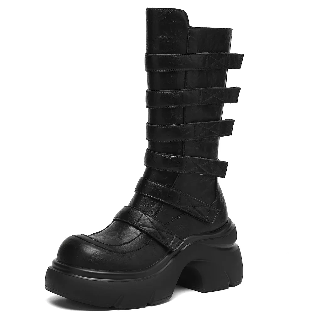 7CM Block Heel Leather Biker Boots Women's Zipper Platform British Retro Mid-Calf Boots 2025 Autumn Winter New Style 51031