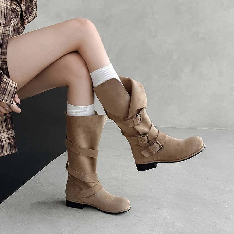 Autumn Winter Western Cowboy Women Suede Leather 3CM Block Heel Buckle Slip-On Casual Korean Plus Size 42 Mid-Calf Boots 51117