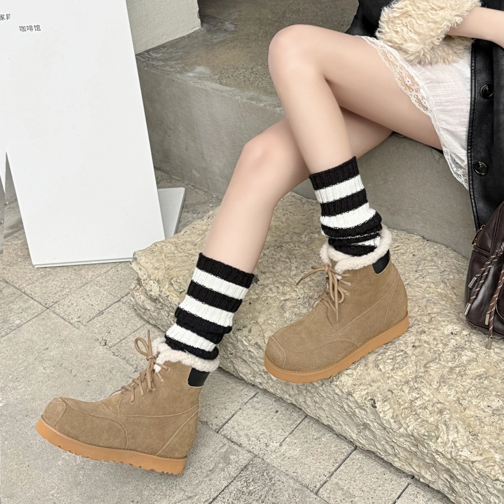 Warm Fleece Lined New Style Suede Genuine Leather Round Toe Lace Up Non-Slip Casual Khaki Winter Women's Ankle Boots 51119