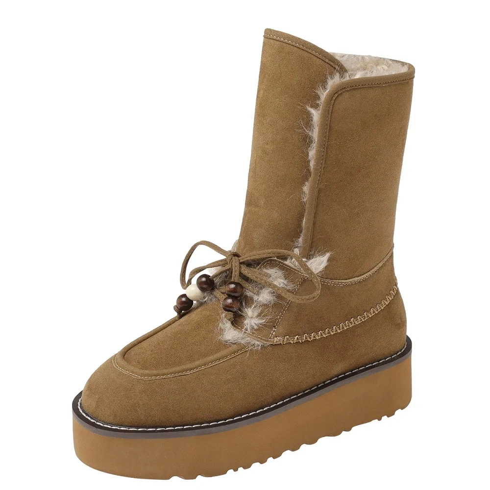 Winter Women Genuine Leather 4.5CM Platform Matte Round Toe Beaded Slip-On Thick Fleece-Lined Warm Non-Slip Mid-Calf Boots 51121
