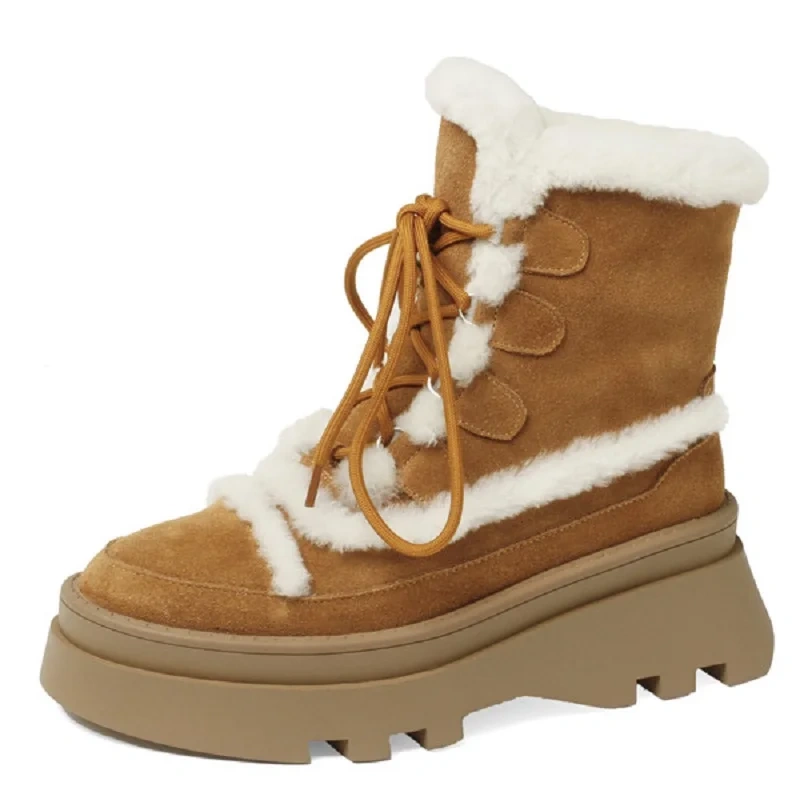 Winter New Women's Genuine Leather Snow Boots Matte Round Toe Lamb Wool Fleece-Lined Warm Lace-Up Casual Non-Slip Boots 51121
