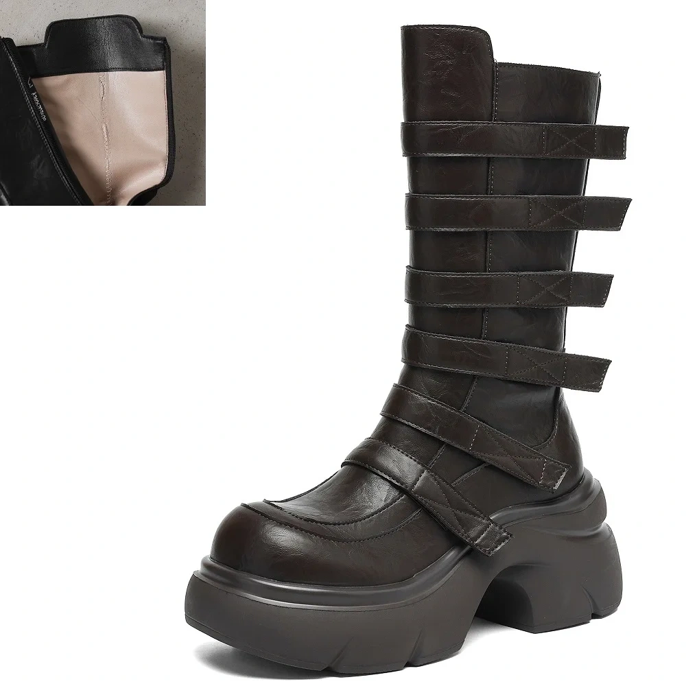 7CM Block Heel Leather Biker Boots Women's Zipper Platform British Retro Mid-Calf Boots 2025 Autumn Winter New Style 51031