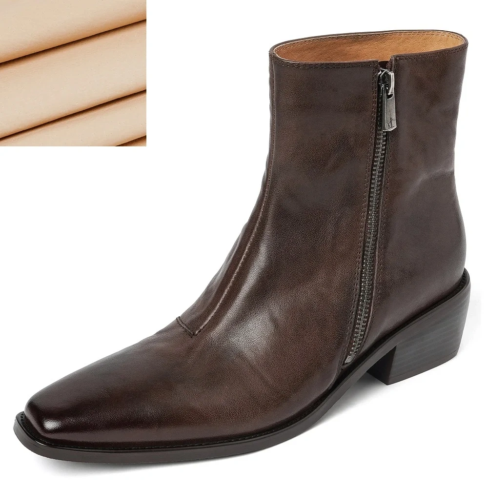 Women's Spring Autumn Chunky Heel 4.5 CM Genuine Leather Fashion Side Zipper Winter Fleece Lined Versatile Ankle Boots 60102