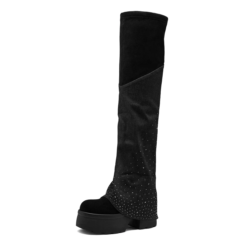 Women's 12 CM Block Heel Fashion Crystals Suede Slip On Round Toe Slimming Elevator Autumn Winter New Knee-High Boots 51118
