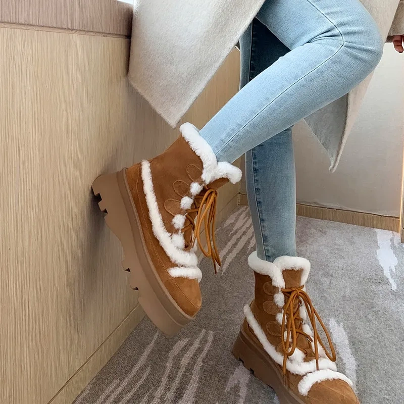 Winter New Women's Genuine Leather Snow Boots Matte Round Toe Lamb Wool Fleece-Lined Warm Lace-Up Casual Non-Slip Boots 51121