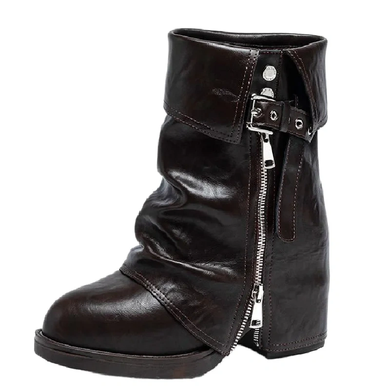 Women's Genuine Leather Retro Pointed Toe 12CM Block Heel Slimming Autumn Slip-On Belt Buckle & Fashion Zipper Ankle Boots 51126