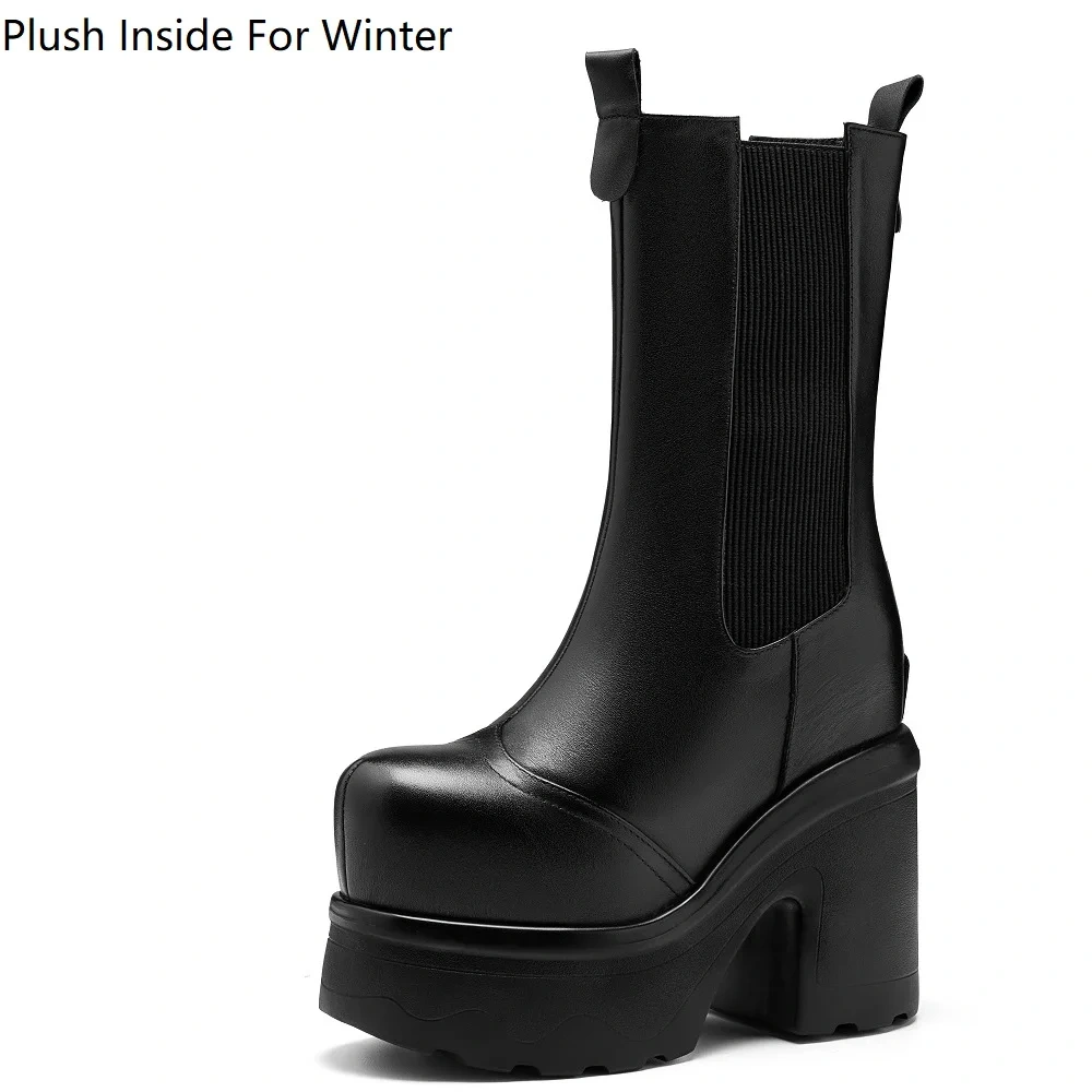 Women's 14CM Block Heel Real Leather Spring Autumn Winter Round Toe Slip-On Platform Anti-Slip Comfortable Mid-Calf Boots 51125