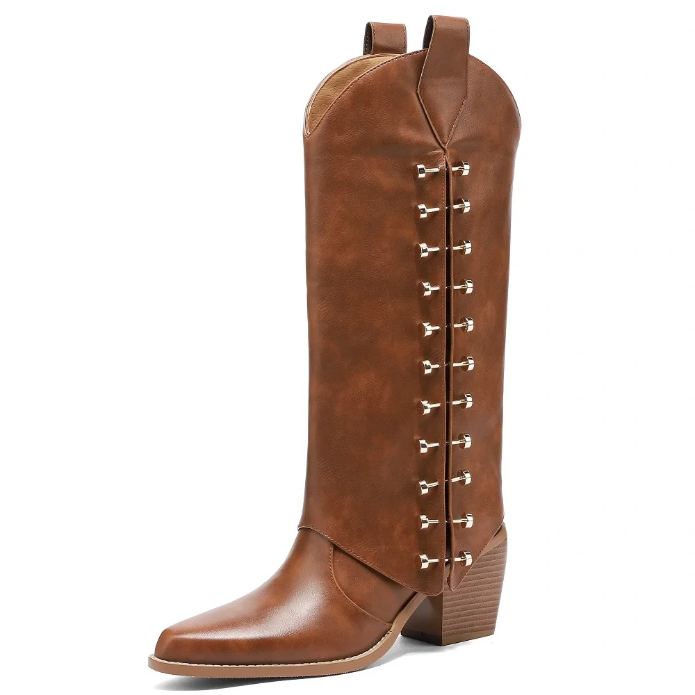 Autumn Winter Retro Maillard Style Women's Genuine Leather 7CM Block Heel Pointed Toe Fashion Rivets Niche Mid-Calf Boots 51119