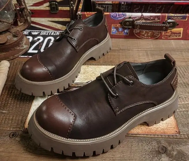 Spring Autmun New Arrival British Style Retro Chunky Bottom Platform Sewing Cross-tied Genuine Leather Men Work Shoes 2305