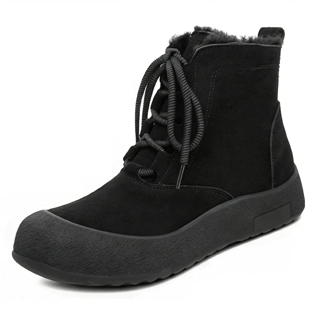 Women's New Winter Genuine Leather Round Toe Side Zipper 3.5 CM Thick Sole Warm Plush Lining Non-Slip Concise Snow Boots 51124