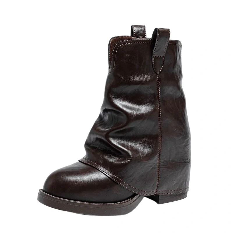 Autumn Winter New 12 CM Block Heel Pointed Toe Slip-On Retro Genuine Leather Concise Versatile Slimming Women Ankle Boots 51126