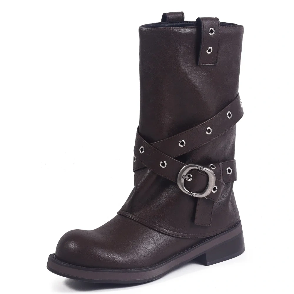 2025 Autumn Winter New Women's Maillard Vintage Genuine Leather Wrap Buckle Slip On 4 CM Block Heel Concise Mid-Calf Boots 51107