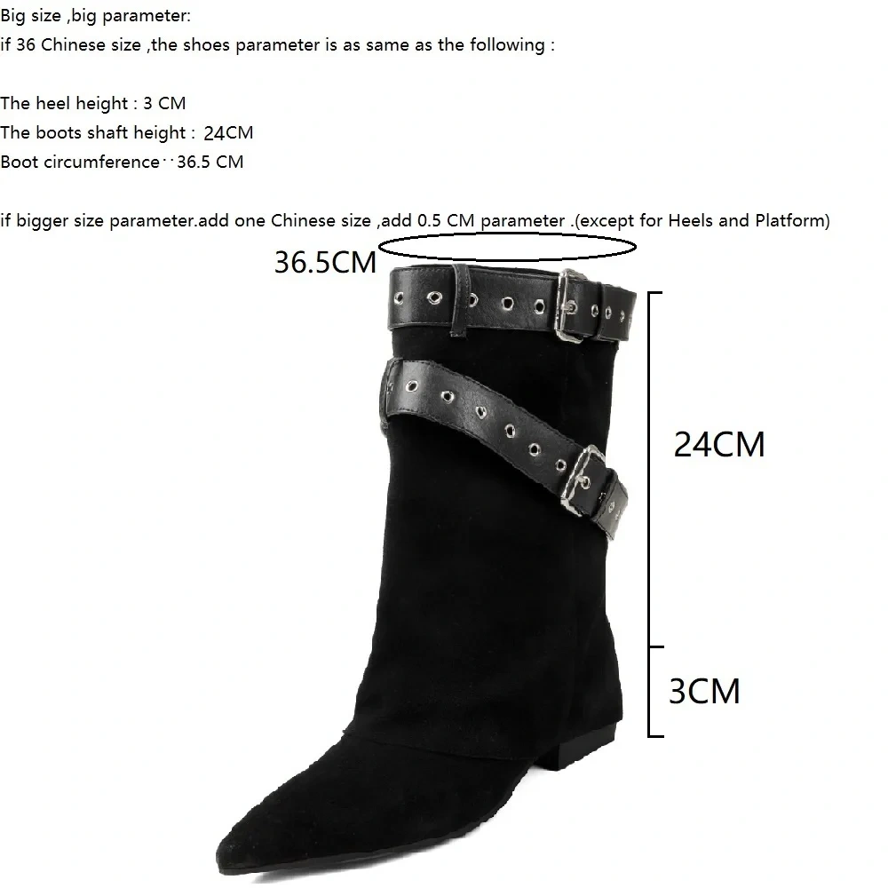 Pointed Toe Knight Boots Women Warm Winter Suede Leather Slip On Wrap Belt Buckle 3 CM Heel Spring Autumn Mid-Calf Boots 51129