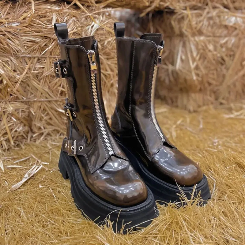 Spring Autumn Winter Punk Style Slim Thick Heels Square Toe Belt Buckles Patent Leather Women Ankle Short Motorcycle Boots 2302