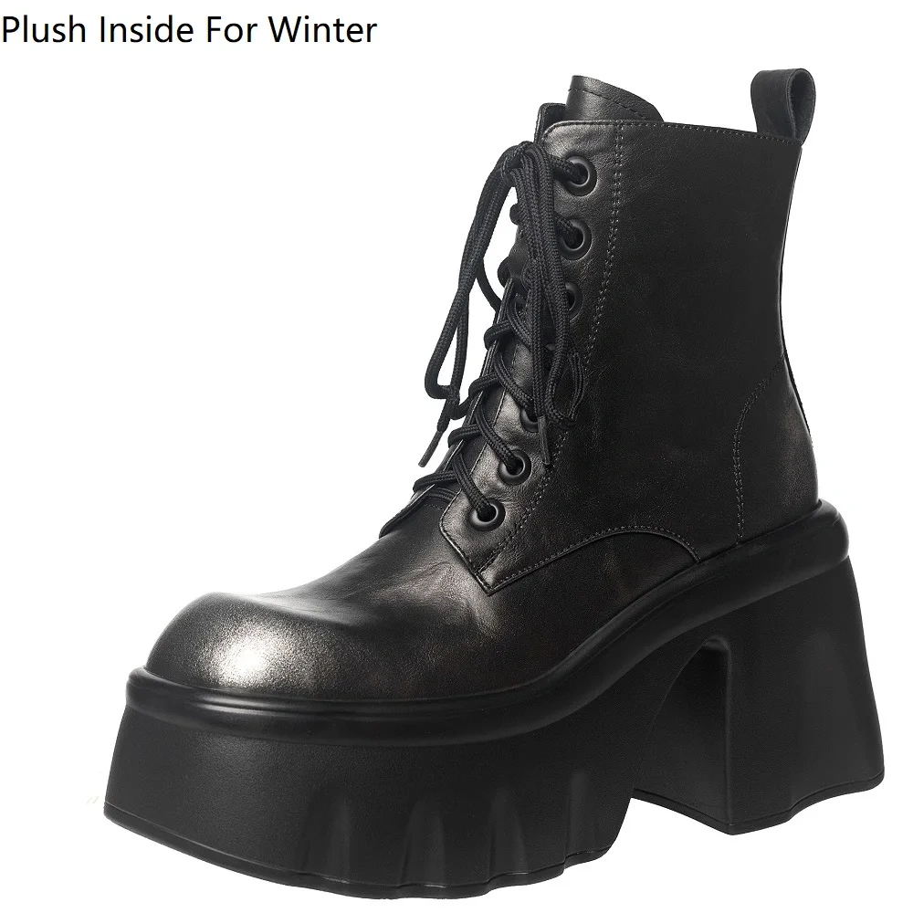 Autumn Winter Women's Genuine Leather 10 CM Block Heel Brush-Off Square Toe Zipper Platform Fleece-Lined Warm Ankle Boots 51121