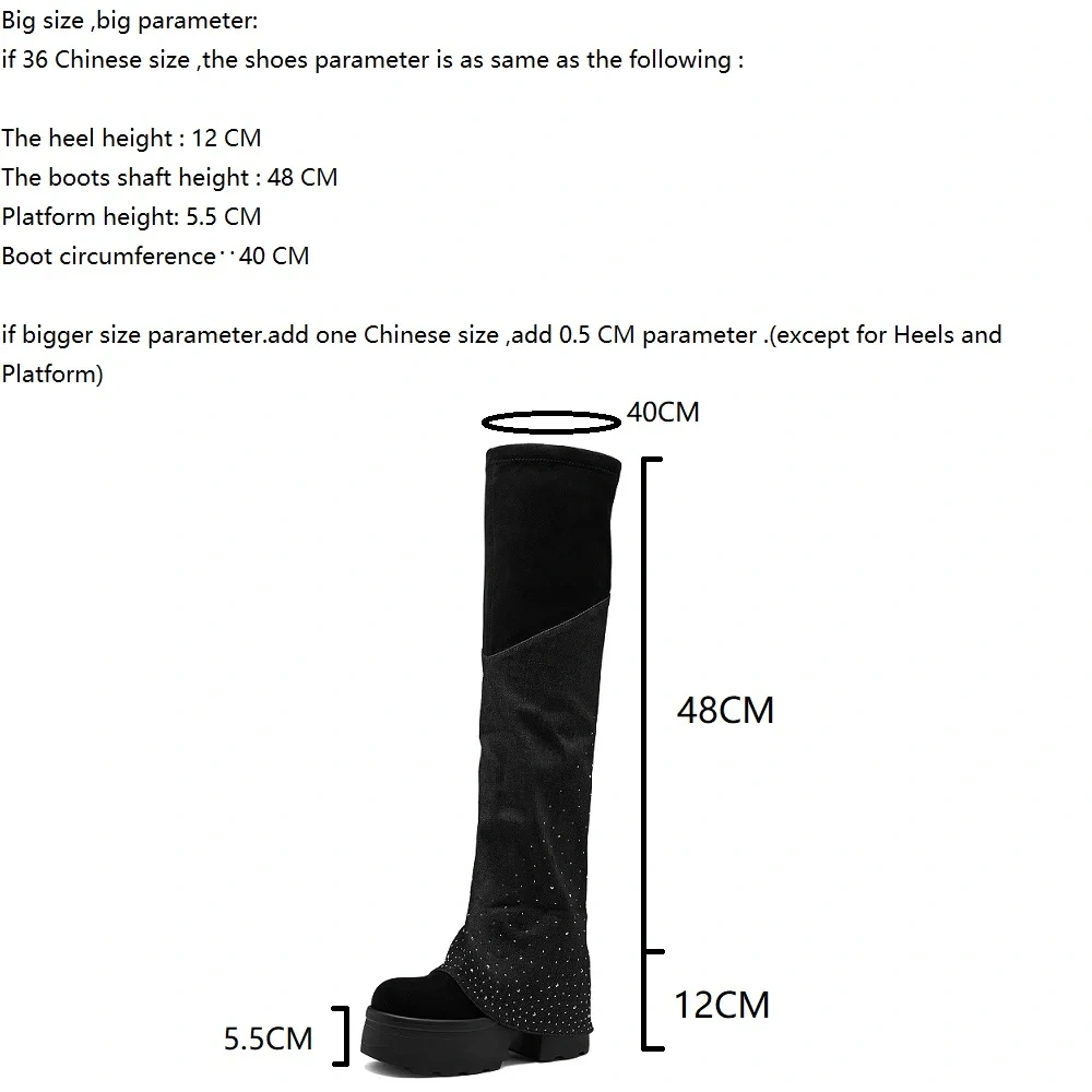Women's 12 CM Block Heel Fashion Crystals Suede Slip On Round Toe Slimming Elevator Autumn Winter New Knee-High Boots 51118