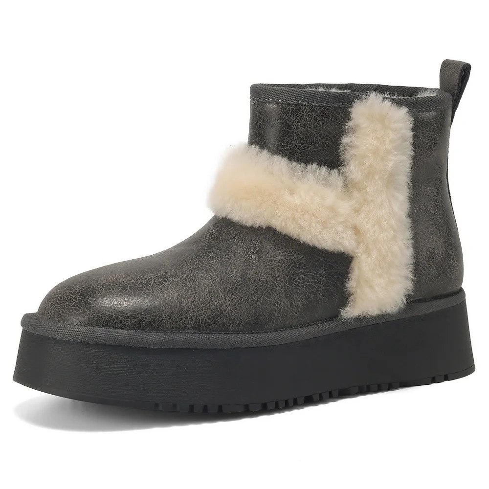 Winter Women's Genuine Leather 4.5 CM Thick Sole Plush Paneled Concise Platform Casual Round Toe Warm Non-Slip Ankle Boots 51119