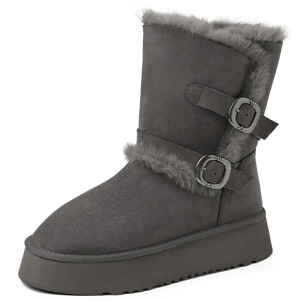 4CM Platform Buckle Genuine Leather Slip-On Winter Fleece Lined Non-Slip Round Toe Casual Women's Plus Size 42 Ankle Boots 51117