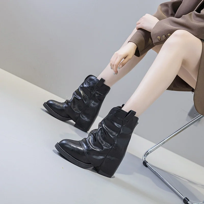 Autumn Winter New 12 CM Block Heel Pointed Toe Slip-On Retro Genuine Leather Concise Versatile Slimming Women Ankle Boots 51126