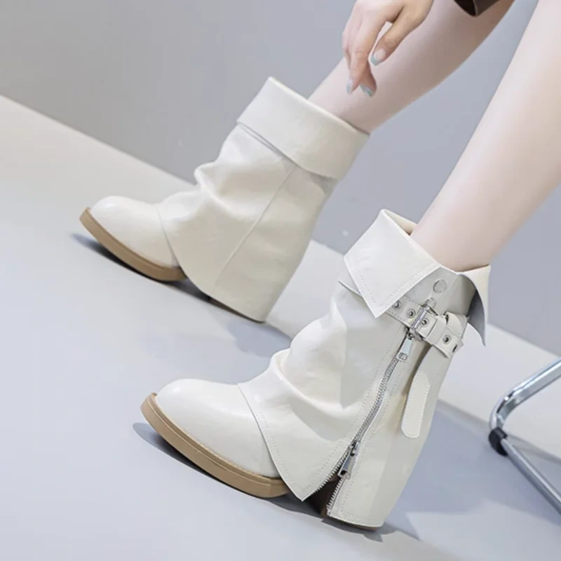 Women's Genuine Leather Retro Pointed Toe 12CM Block Heel Slimming Autumn Slip-On Belt Buckle & Fashion Zipper Ankle Boots 51126