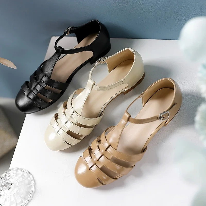 Summer New European America Style Leisure Thick Low Heels Cover Toe Cutout Buckle Belt Genuine Leather Women Gladiator Sandals