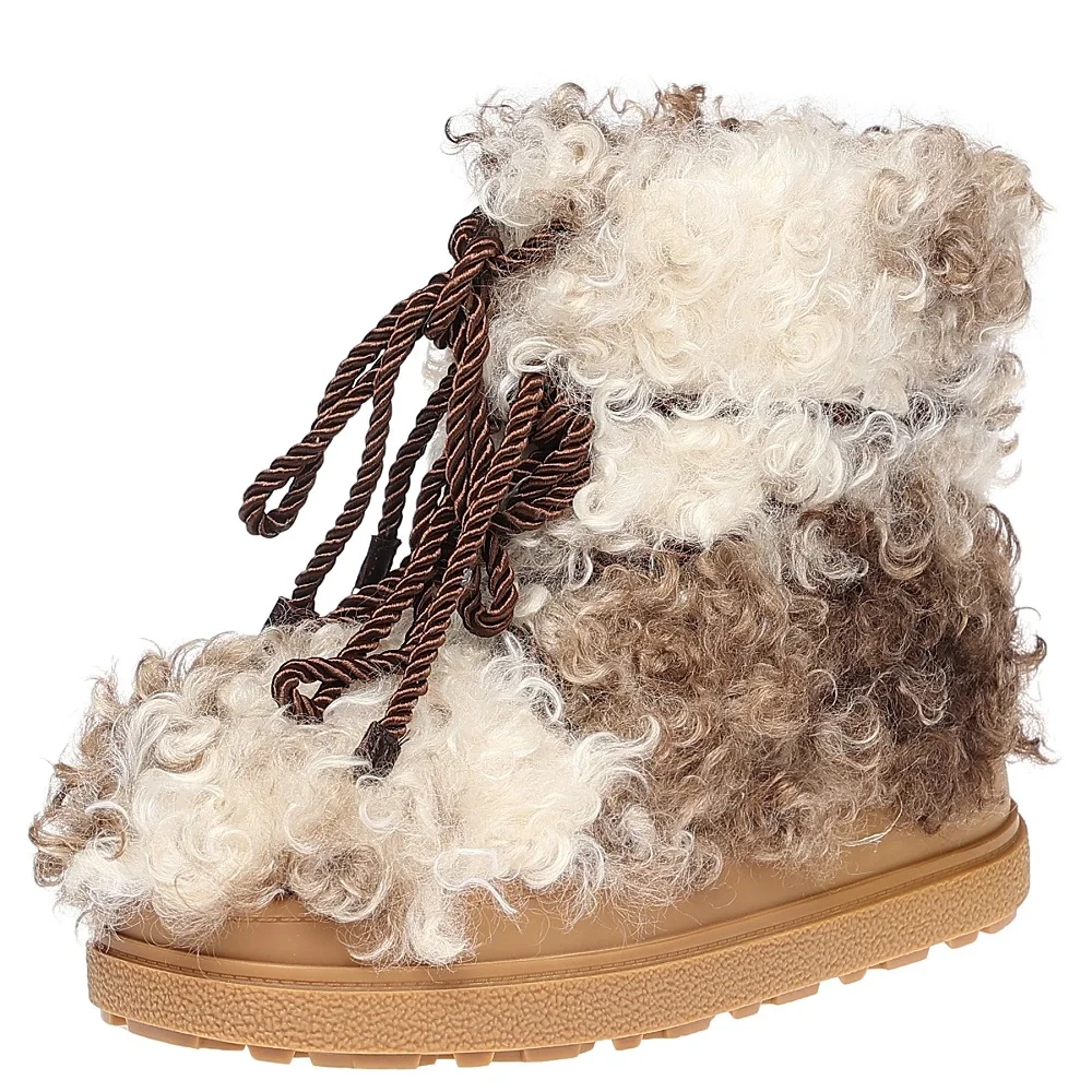 Winter Color Block Wool Blend Snow Boots 4CM Platform Round Toe Fleece-Lined Warm Slip-On Lace-Up Non-Slip Casual Boots 51122