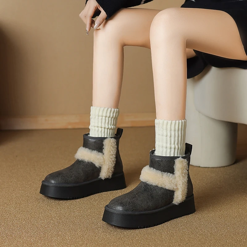 Winter Women's Genuine Leather 4.5 CM Thick Sole Plush Paneled Concise Platform Casual Round Toe Warm Non-Slip Ankle Boots 51119