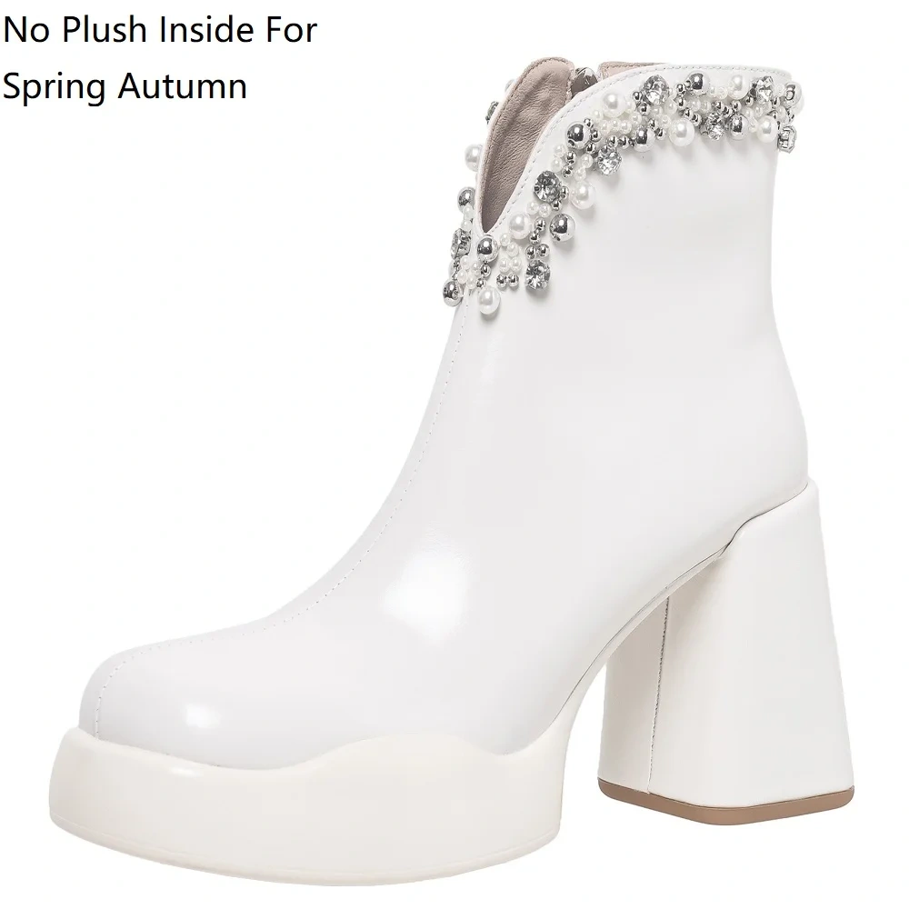 Fall Spring 10 CM Block Heel Women Genuine Leather Fashion V-Cut Zipper Pearl Crystals Winter Plush Slim-Fit Ankle Boots 51129