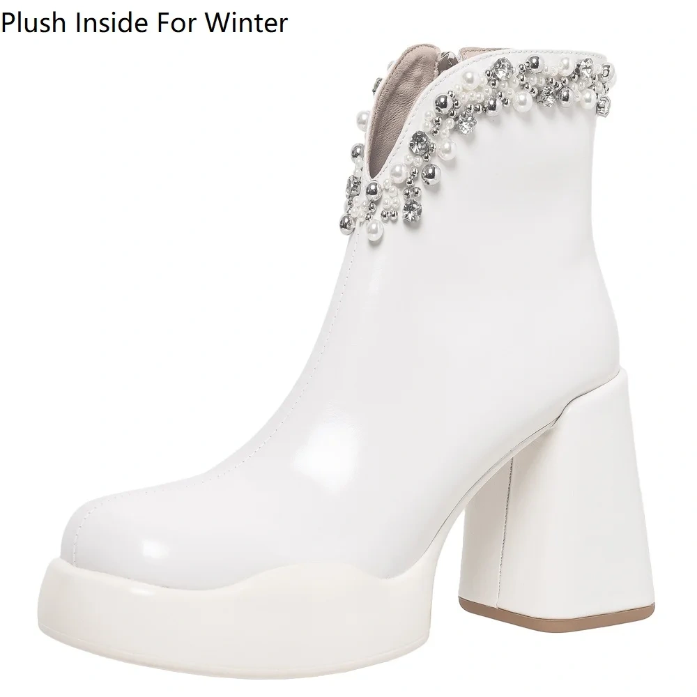 Fall Spring 10 CM Block Heel Women Genuine Leather Fashion V-Cut Zipper Pearl Crystals Winter Plush Slim-Fit Ankle Boots 51129