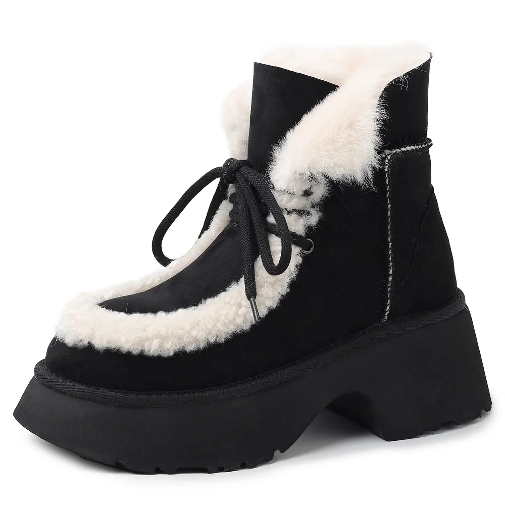 Winter New 7CM Square Heel Plus Size 42 Lace-Up Minimalist Casual Warm Fleece-Lined Round Toe Versatile Women's Snow Boots 51122