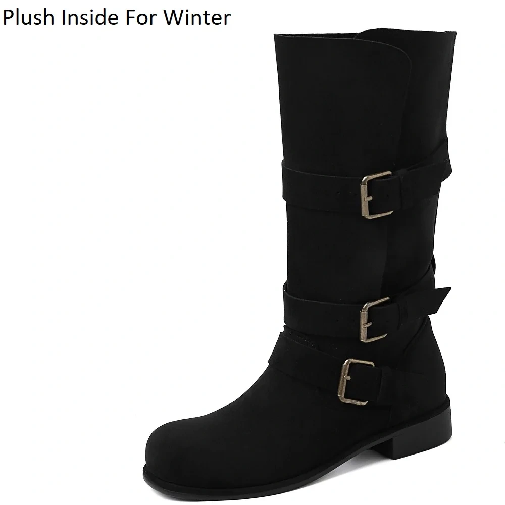 Autumn Winter Western Cowboy Women Suede Leather 3CM Block Heel Buckle Slip-On Casual Korean Plus Size 42 Mid-Calf Boots 51117