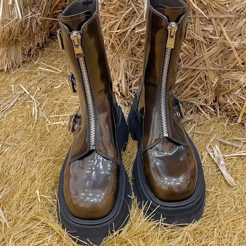 Spring Autumn Winter Punk Style Slim Thick Heels Square Toe Belt Buckles Patent Leather Women Ankle Short Motorcycle Boots 2302