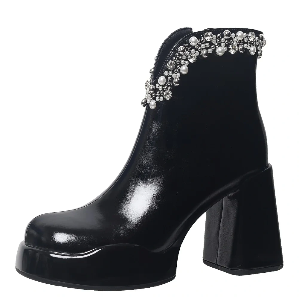 Fall Spring 10 CM Block Heel Women Genuine Leather Fashion V-Cut Zipper Pearl Crystals Winter Plush Slim-Fit Ankle Boots 51129