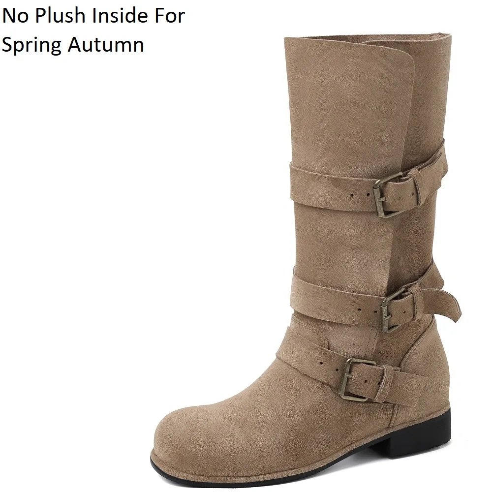 Autumn Winter Western Cowboy Women Suede Leather 3CM Block Heel Buckle Slip-On Casual Korean Plus Size 42 Mid-Calf Boots 51117