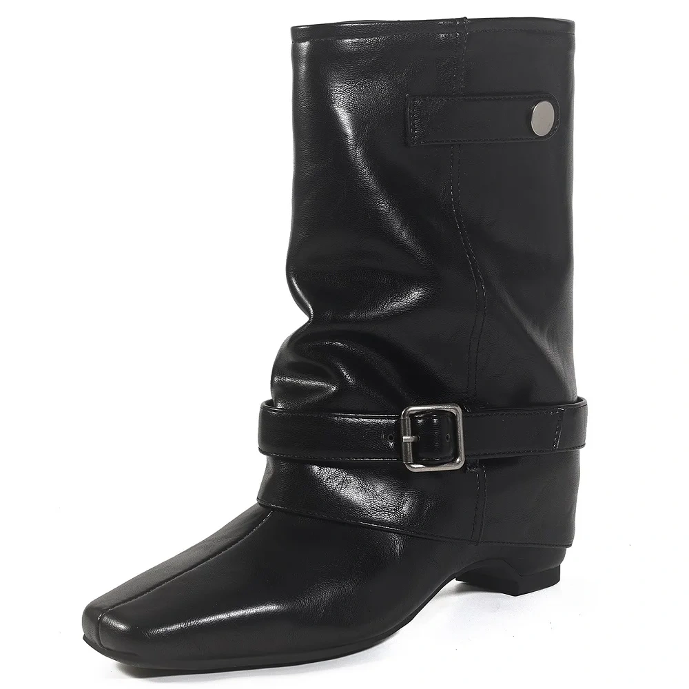 Genuine Leather Fashion Square Toe Slip On Belt Buckle Versatile Spring Autumn 5 CM Inner Elevator Winter Women's Boots 60105