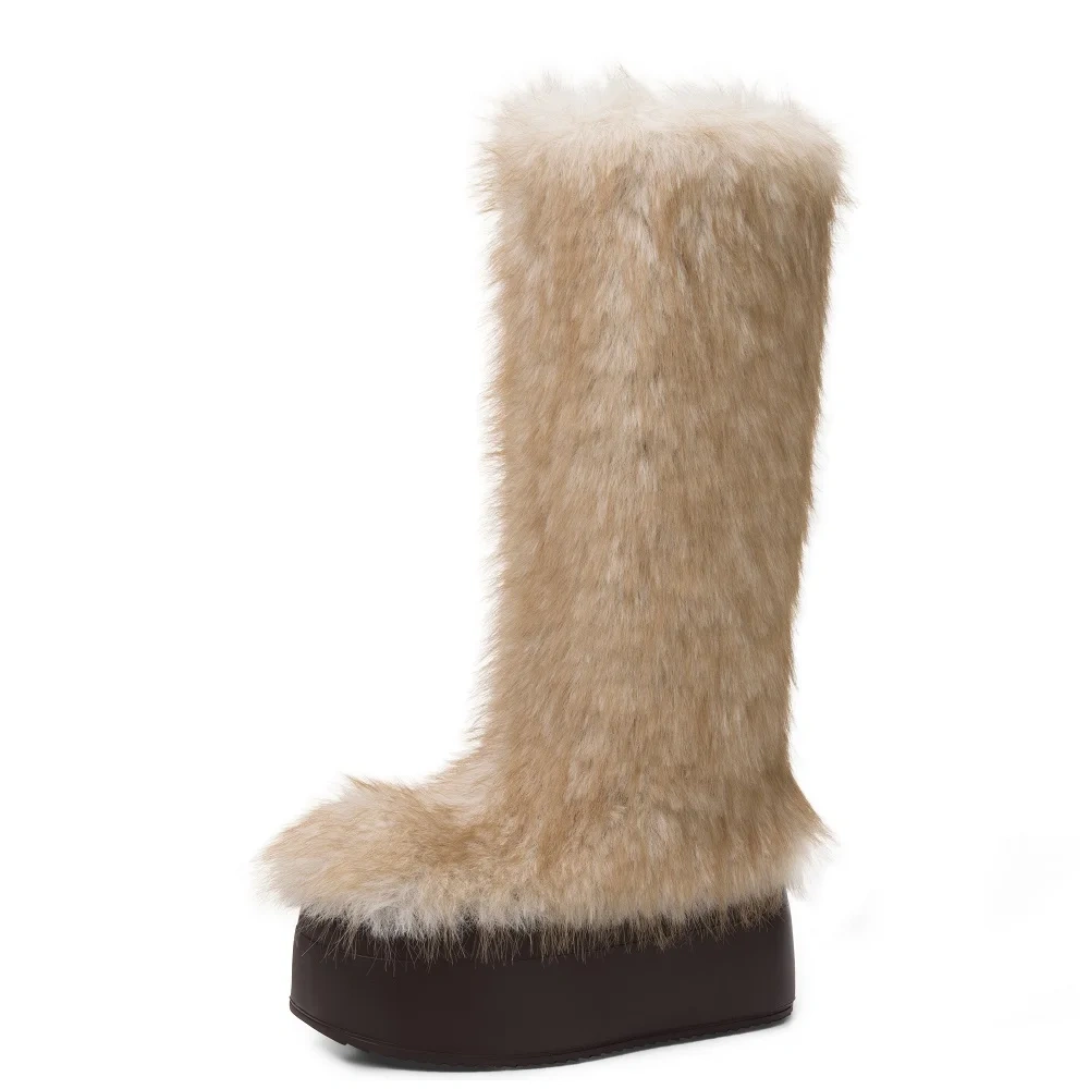 2025 Winter Women's Fox Fur Cotton Boots 8CM Platform Fleece-Lined Warm Non-Slip Height Increasing Round Toe Slip-On Boots 51121