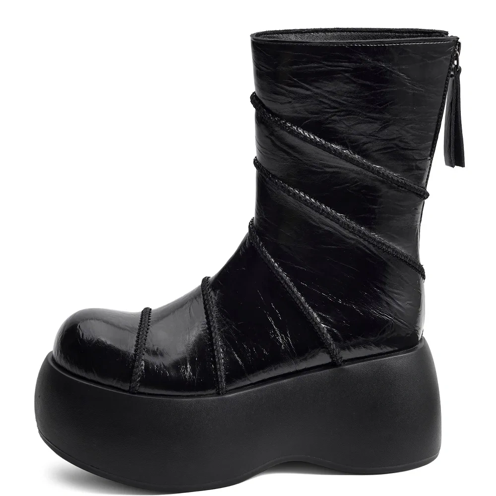 8CM Thick Sole Genuine Leather Patchwork Round Toe Platform Back Zipper Slimming Women's Ankle Boots 2025 Autumn Winter 51031