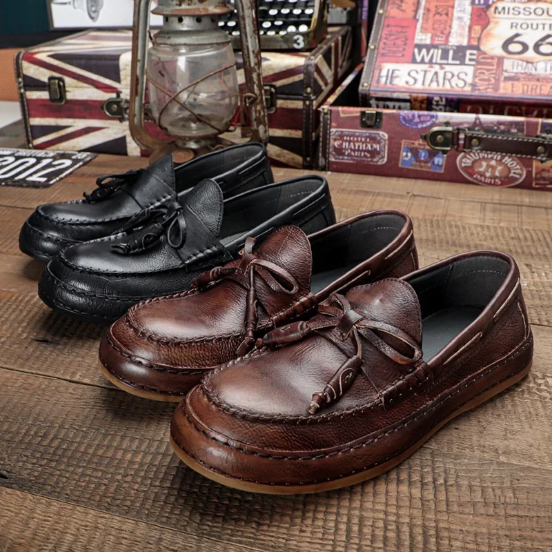 Spring Summer Men Brown Fashion British Style Round Toe Shoes New Arrival Full Grain Leather Breathable Shallow Mouth 230506