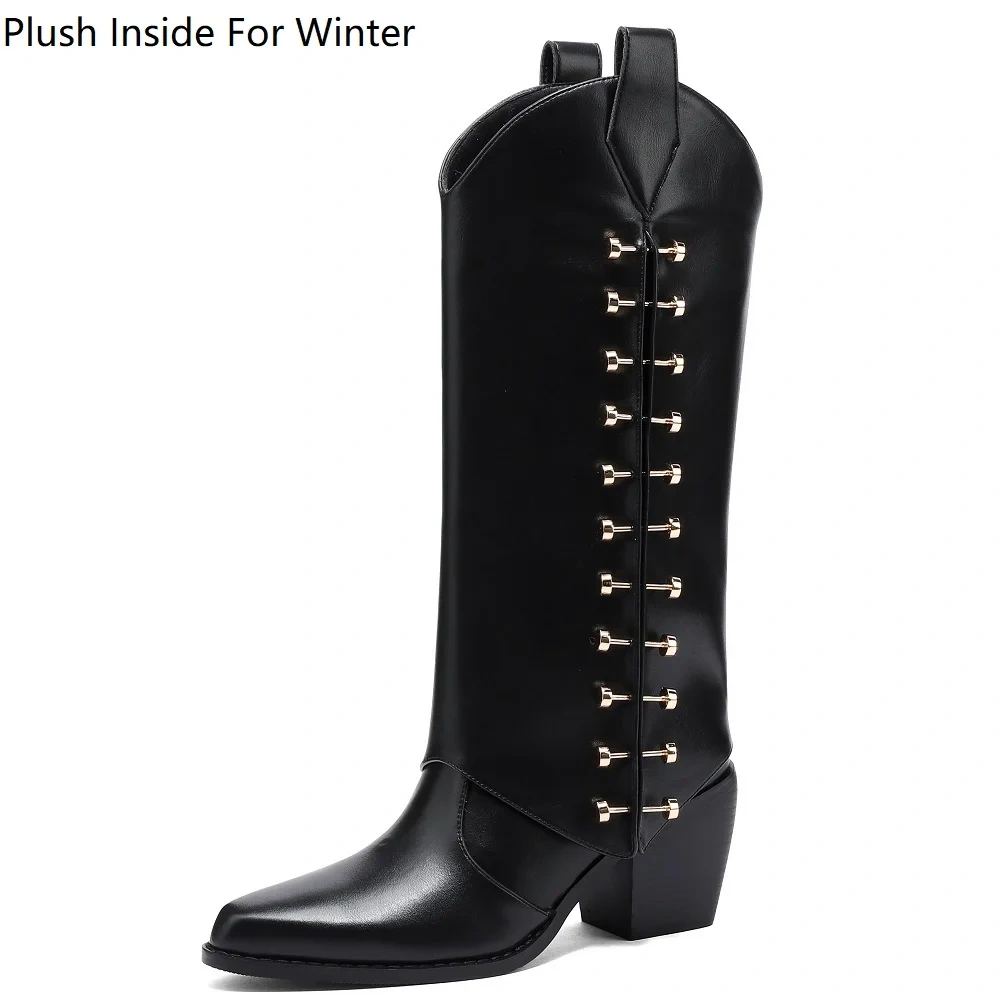 Autumn Winter Retro Maillard Style Women's Genuine Leather 7CM Block Heel Pointed Toe Fashion Rivets Niche Mid-Calf Boots 51119