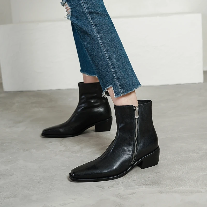 Women's Spring Autumn Chunky Heel 4.5 CM Genuine Leather Fashion Side Zipper Winter Fleece Lined Versatile Ankle Boots 60102