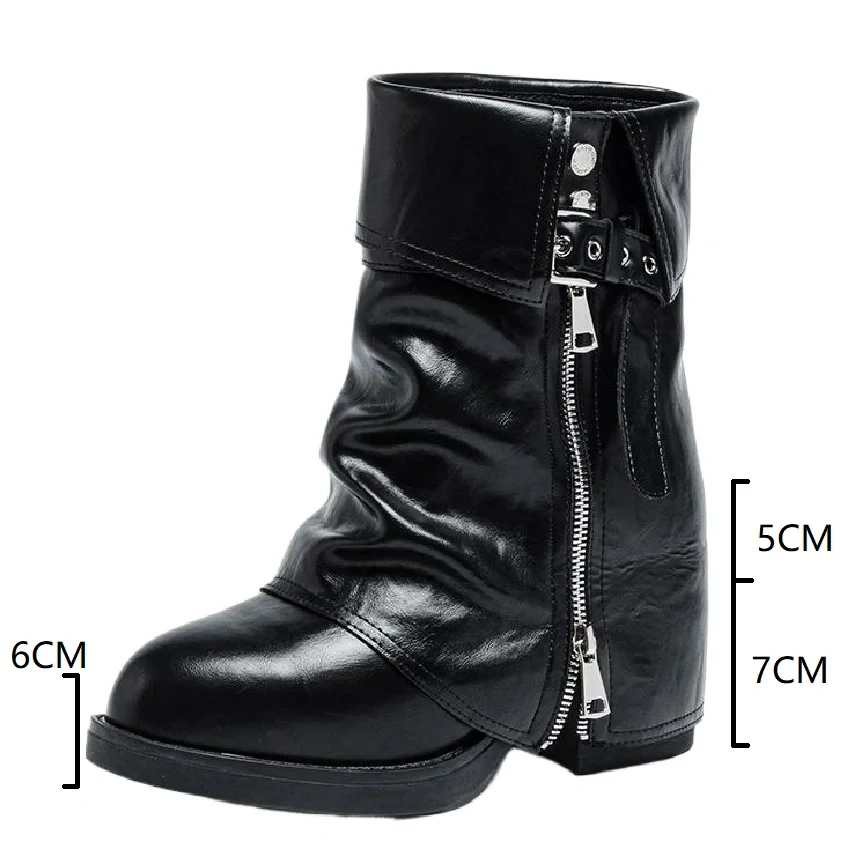 Women's Genuine Leather Retro Pointed Toe 12CM Block Heel Slimming Autumn Slip-On Belt Buckle & Fashion Zipper Ankle Boots 51126
