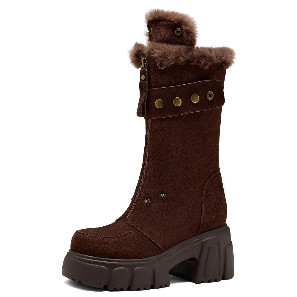 Suede Genuine Leather Fashion Rivets 10 CM Block Heel Elevator Slim Fleece Lined Platform Non-Slip Women's Mid-Calf Boots 51118