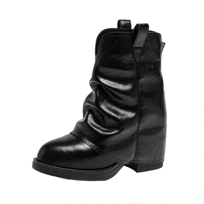 Autumn Winter New 12 CM Block Heel Pointed Toe Slip-On Retro Genuine Leather Concise Versatile Slimming Women Ankle Boots 51126