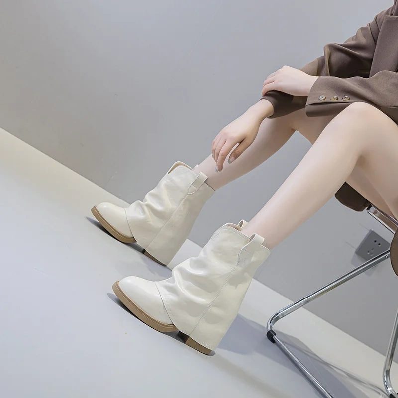 Autumn Winter New 12 CM Block Heel Pointed Toe Slip-On Retro Genuine Leather Concise Versatile Slimming Women Ankle Boots 51126
