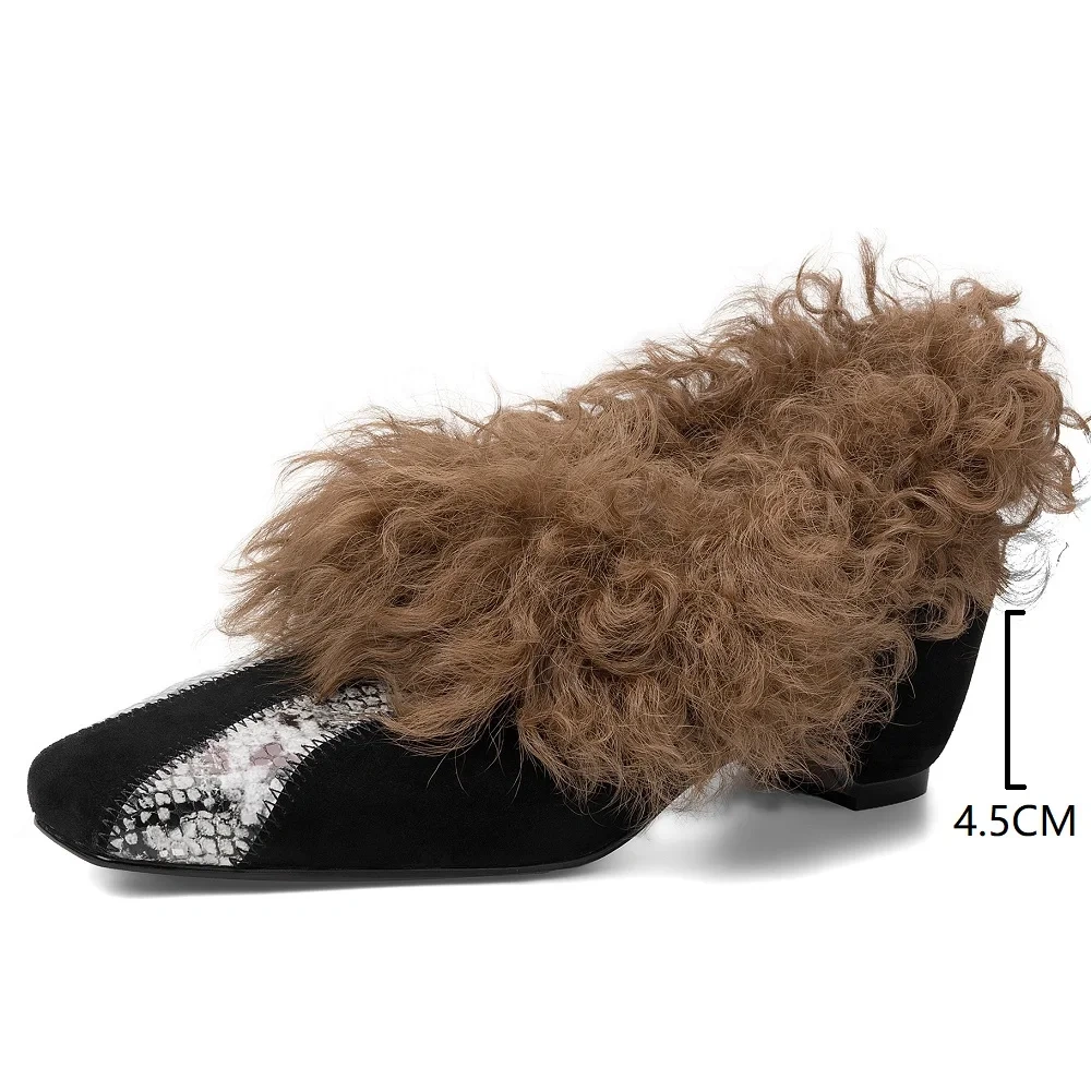 2025 Winter New Suede 4.5 CM Block Heel French Square Toe Lamb Wool Fashion Pumps Fleece-Lined Warm Slip-On Women's Shoes 51121