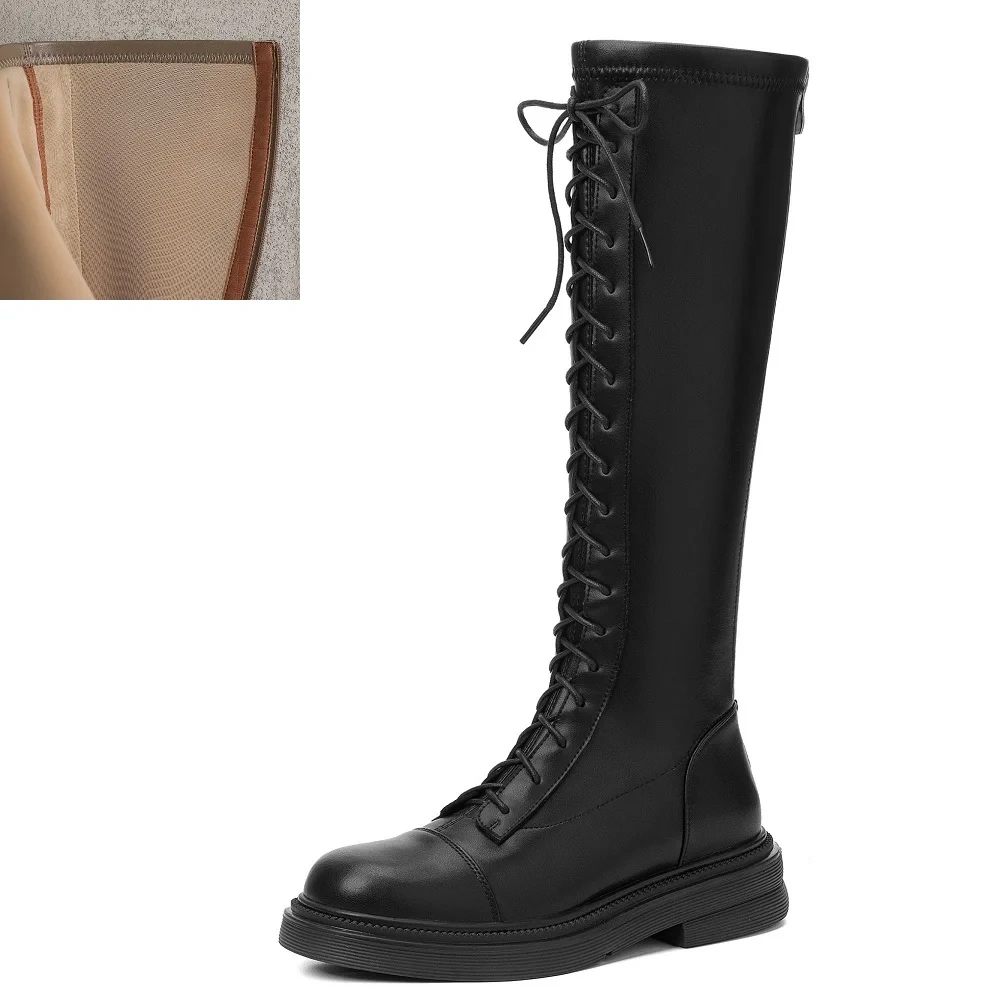 Women's Genuine Leather 4.5 CM Platform Lace-Up Fall Spring Boots Winter Light Fleece-Lined Back Zipper Knight Knee-High Boots