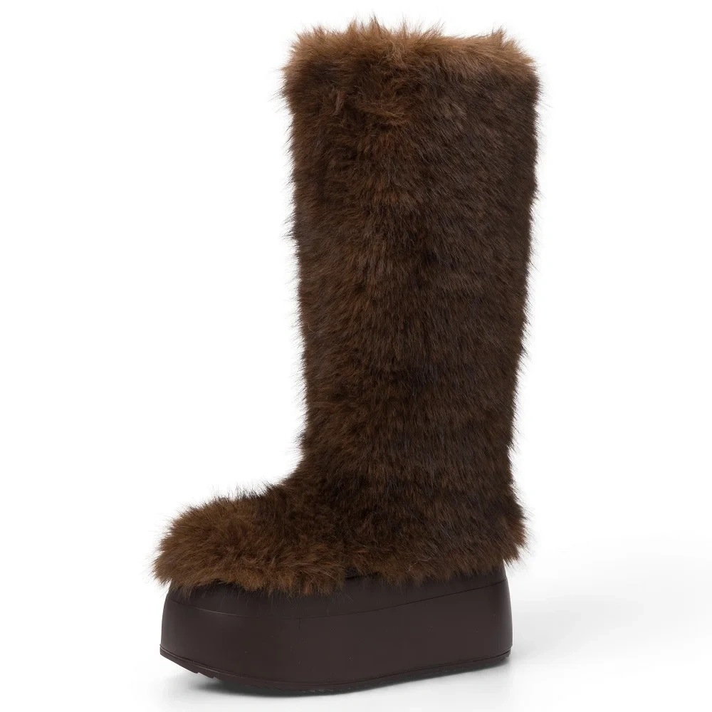 2025 Winter Women's Fox Fur Cotton Boots 8CM Platform Fleece-Lined Warm Non-Slip Height Increasing Round Toe Slip-On Boots 51121