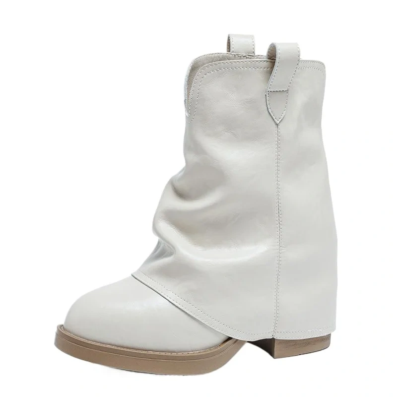 Autumn Winter New 12 CM Block Heel Pointed Toe Slip-On Retro Genuine Leather Concise Versatile Slimming Women Ankle Boots 51126