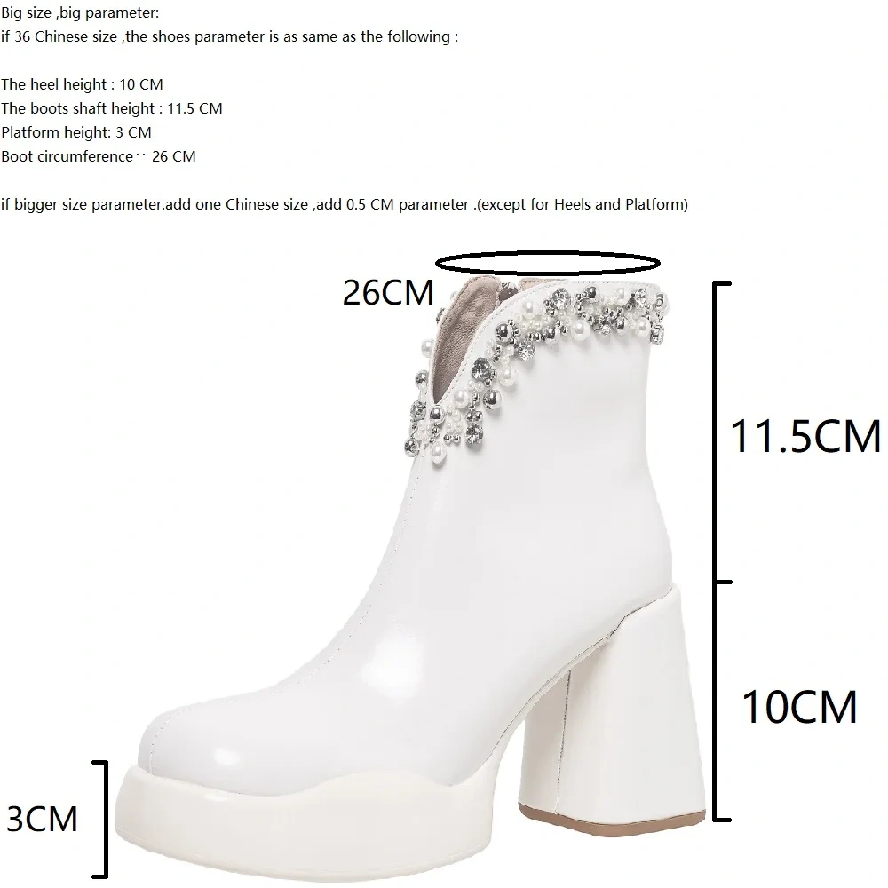 Fall Spring 10 CM Block Heel Women Genuine Leather Fashion V-Cut Zipper Pearl Crystals Winter Plush Slim-Fit Ankle Boots 51129